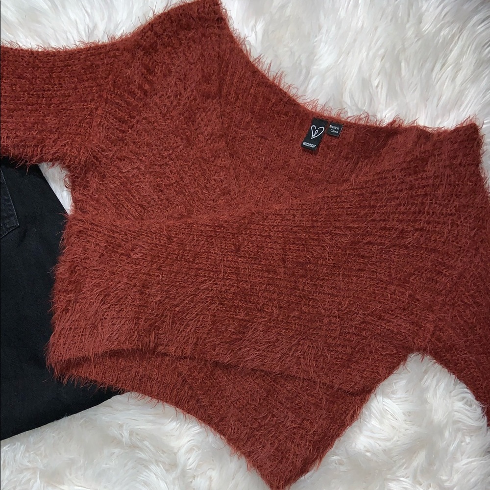 Maroon/Dark Brown Criss-Cross Cropped Sweater